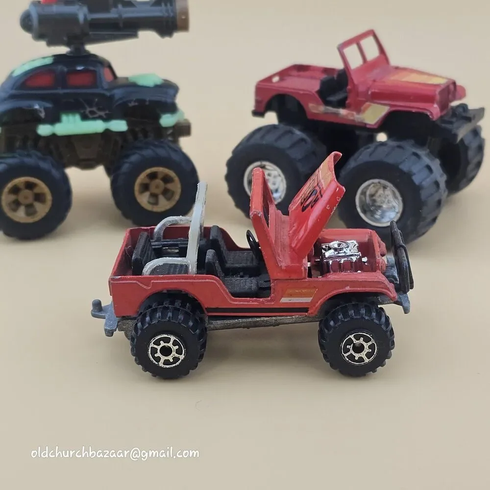 Vtg Lot Of 3 1990's Diecast Monster Trucks Jeep Cars Multi-Color Collectible Toy
